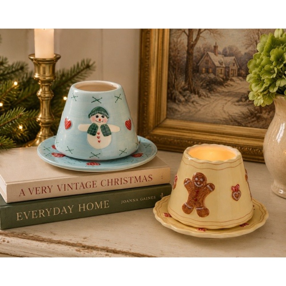 Valerie Parr Hill Christmas Ceramic Candle Shade & Plate Gingerbread Man Snowman
